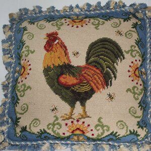 Tapestry Needle Point Rooster Pillow with tassels velveteen back